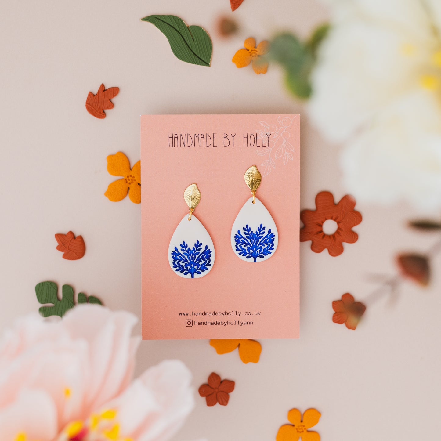 Blue and White Leaf Print Earrings