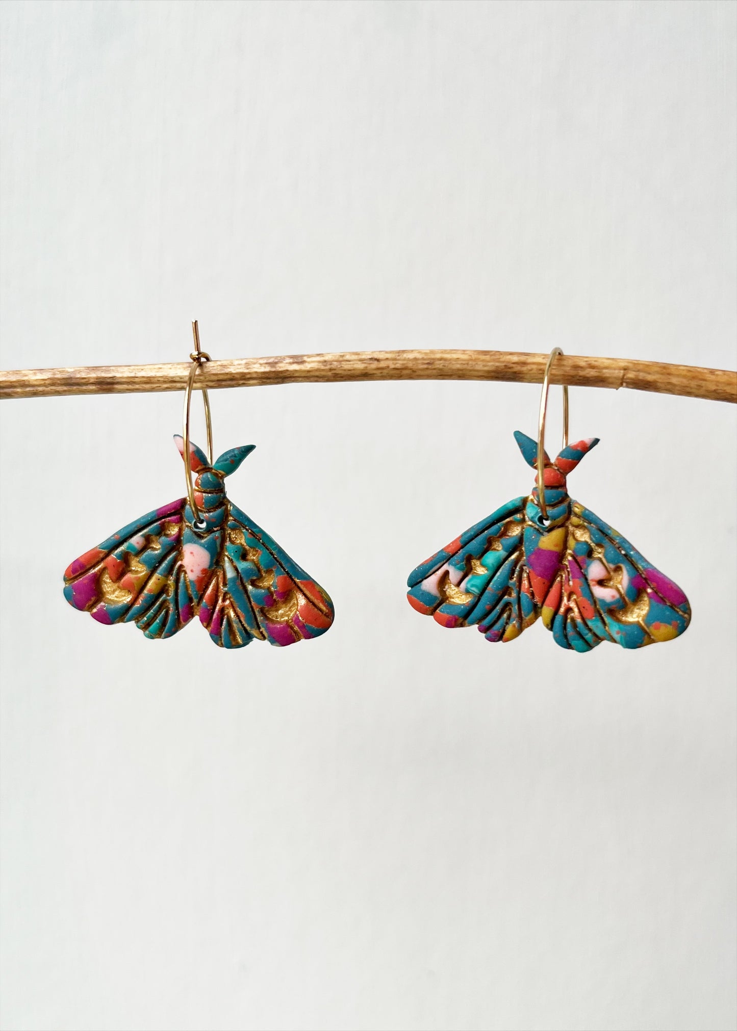 Teal, pink and orange moth earrings