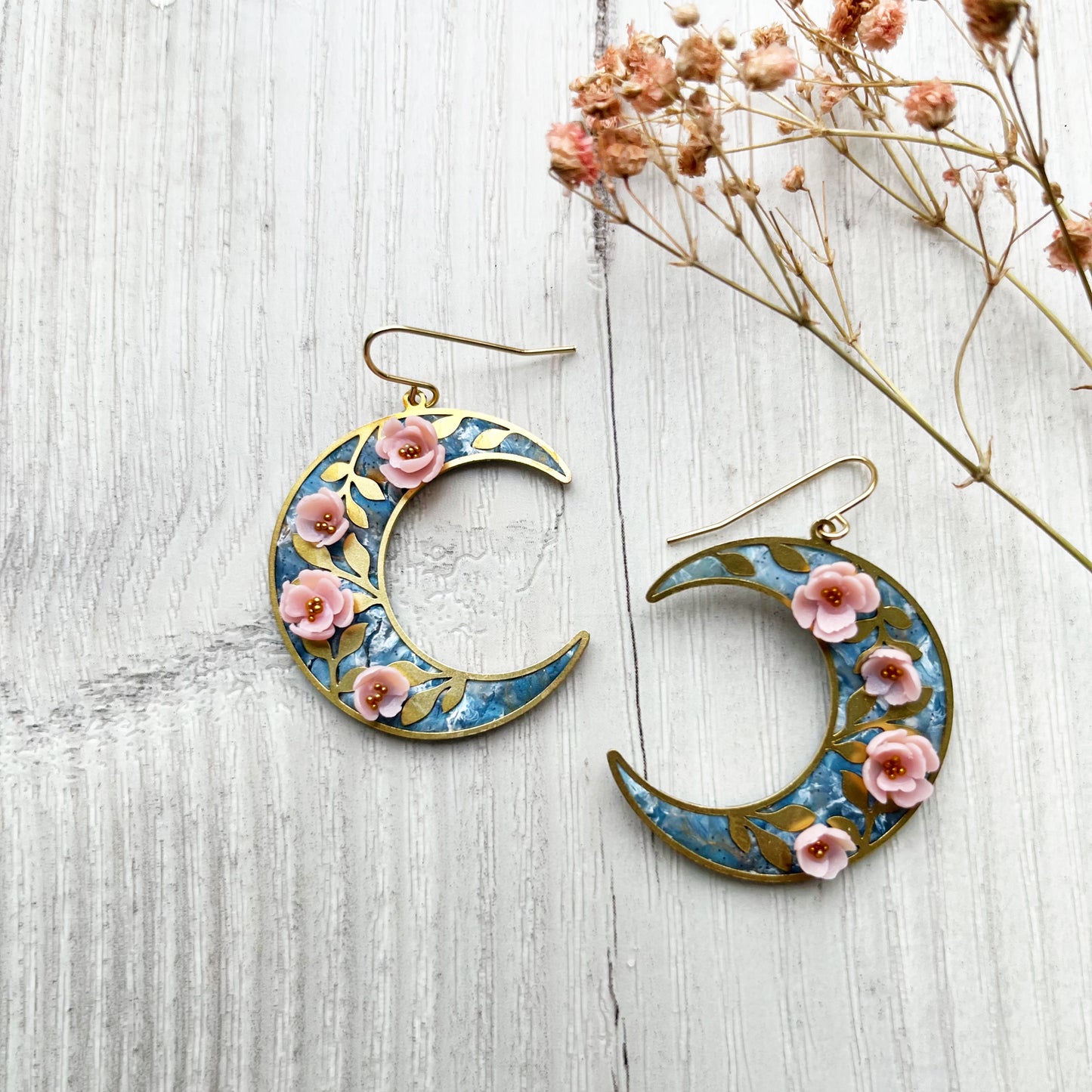 Gold floral moon earrings