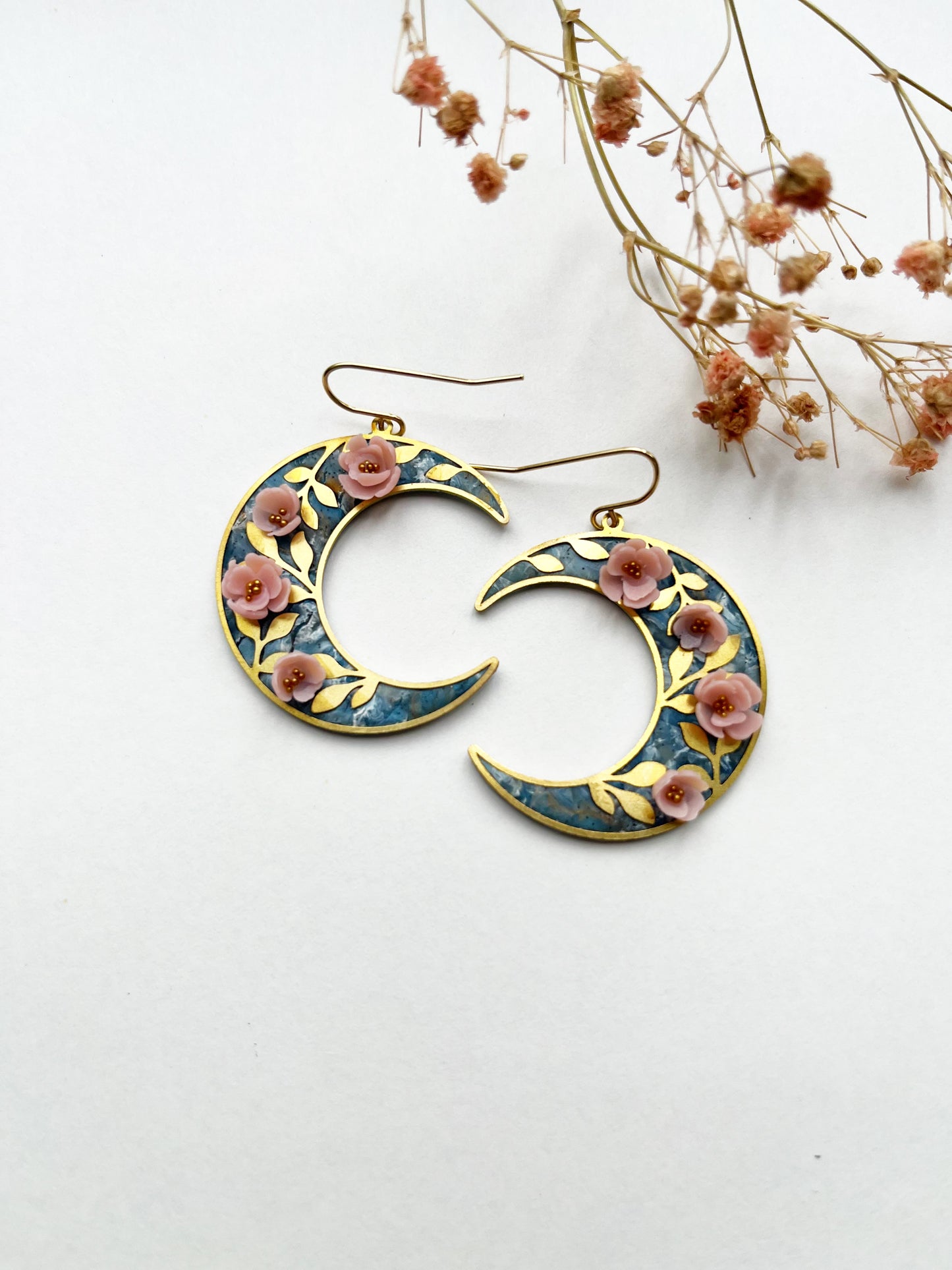 Gold floral moon earrings