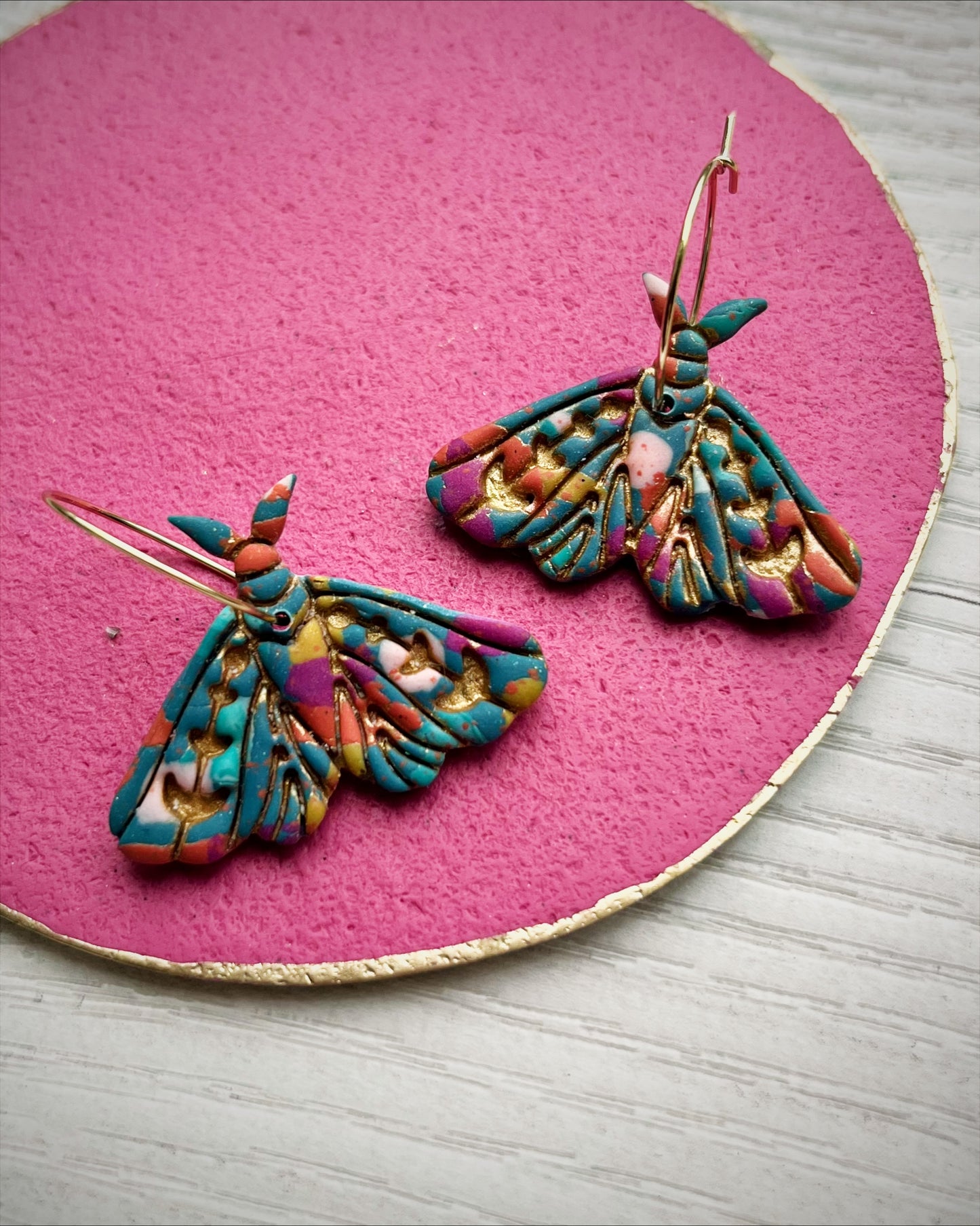 Teal, pink and orange moth earrings