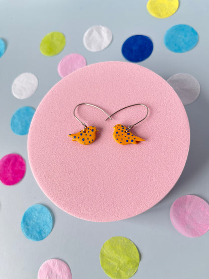 Dainty mustard polka dot bird earrings