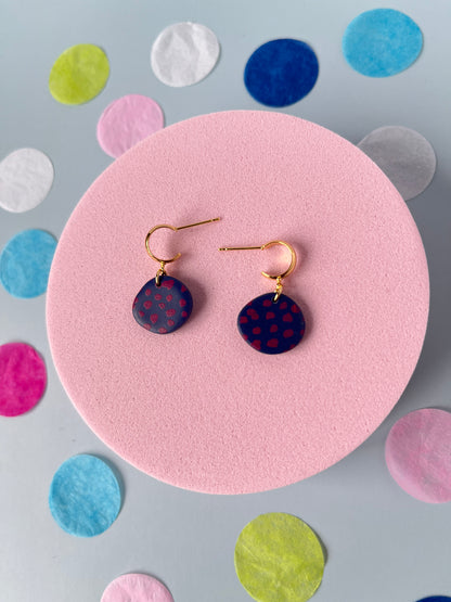 Navy and Magenta polka dot huggy style earrings