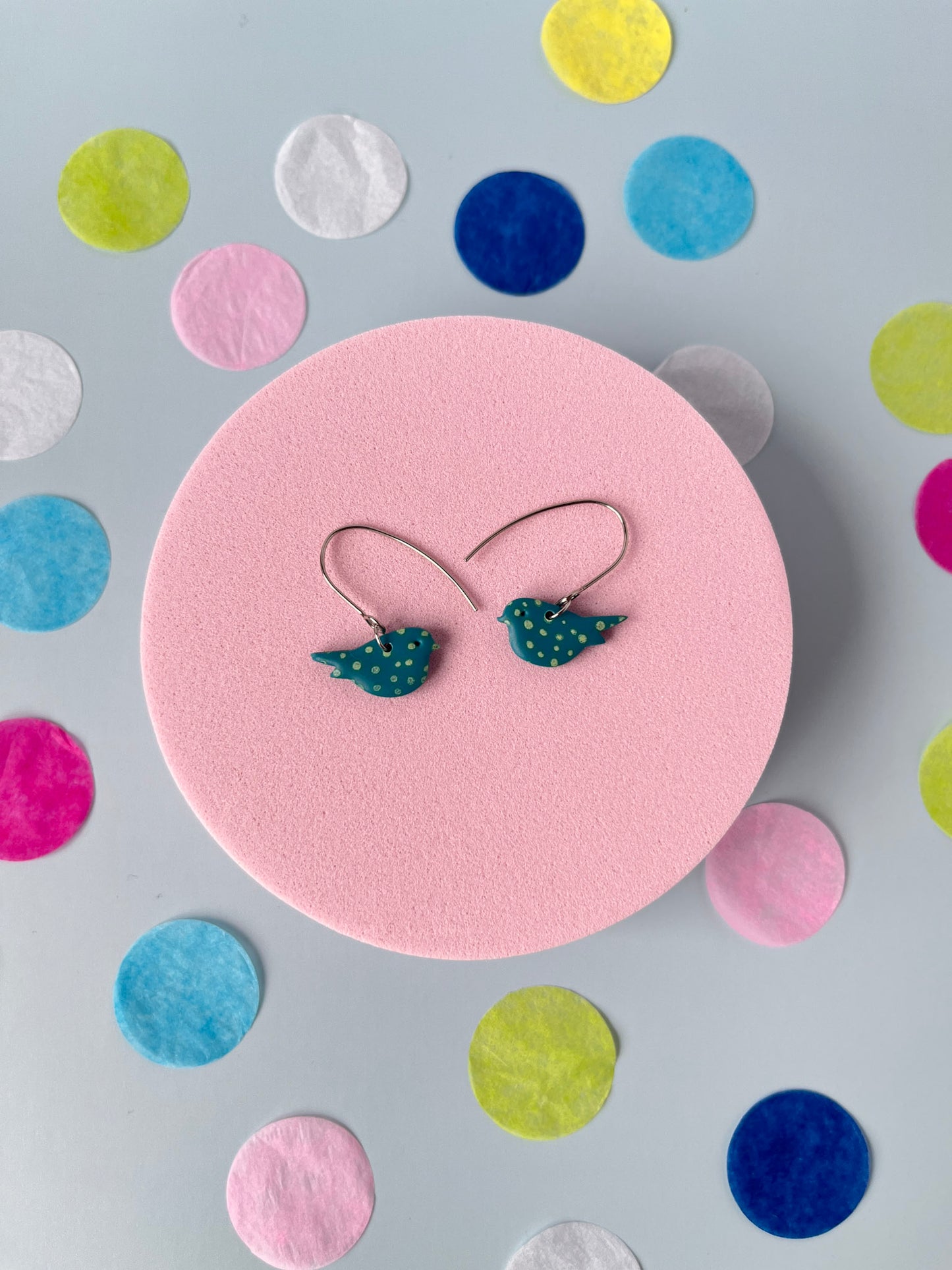 Teal polka dot bird earrings