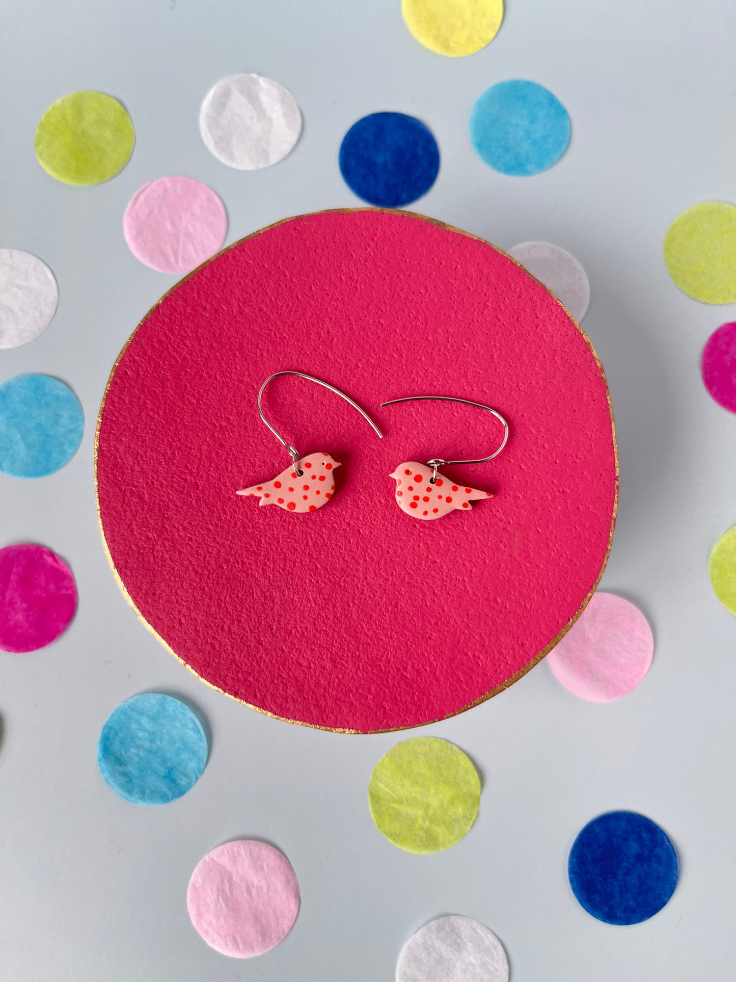 Pink and orange polka dot bird earrings