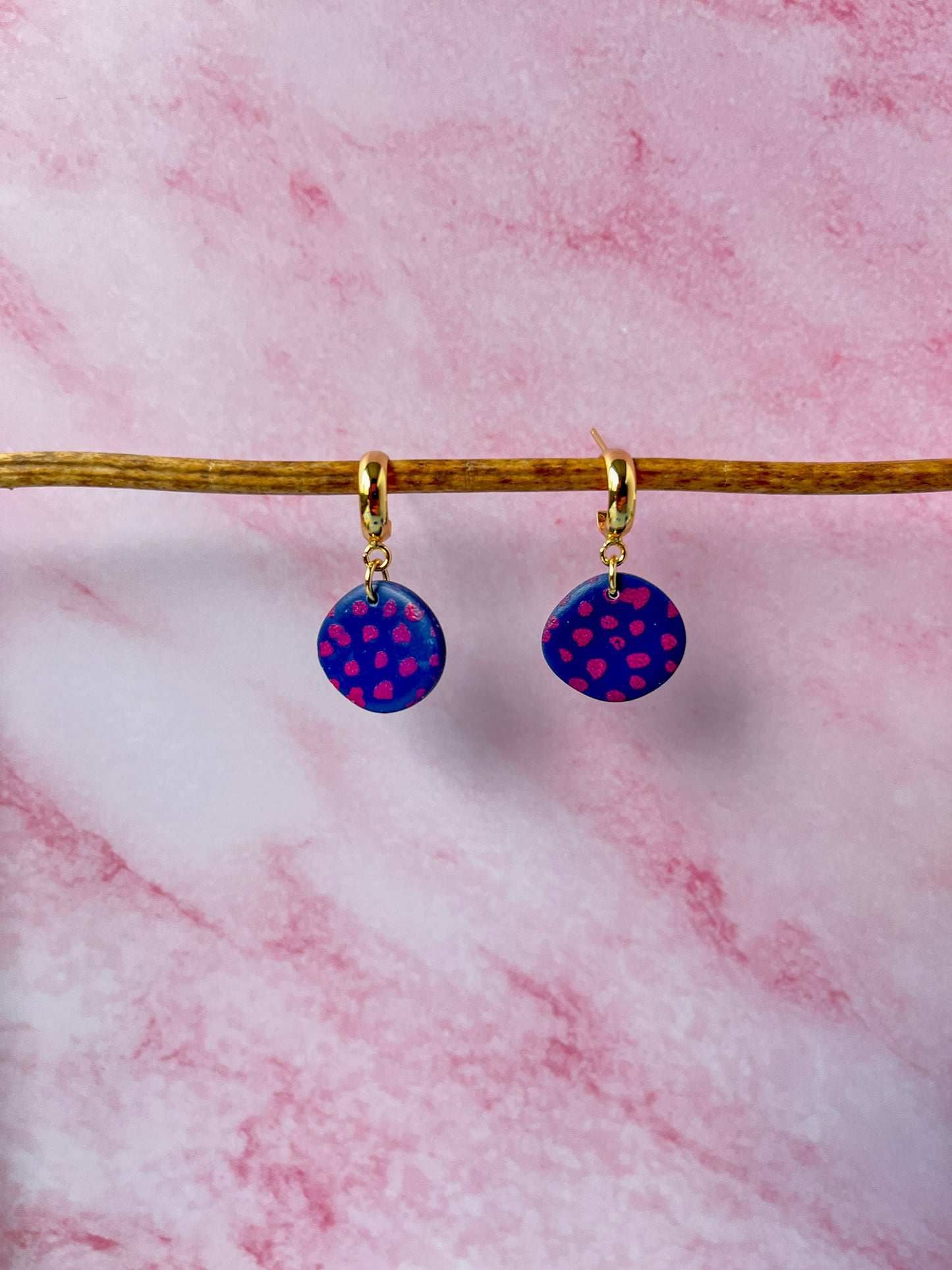 Navy and Magenta polka dot huggy style earrings