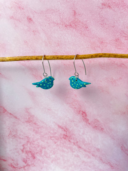 Teal polka dot bird earrings