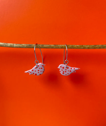 Pink and orange polka dot bird earrings