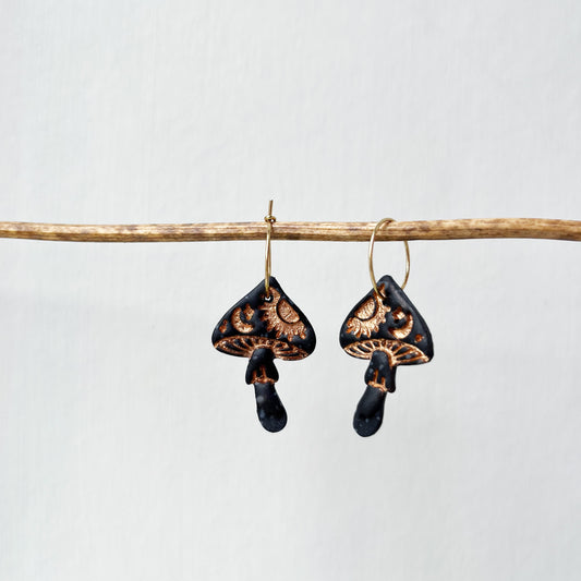 Black and gold celestial toadstool earrings