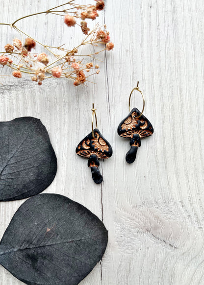 Black and gold celestial toadstool earrings