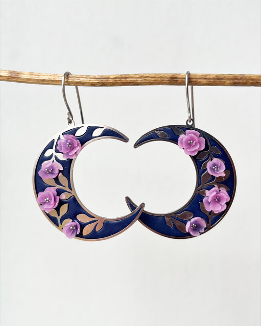 Silver floral moon earrings