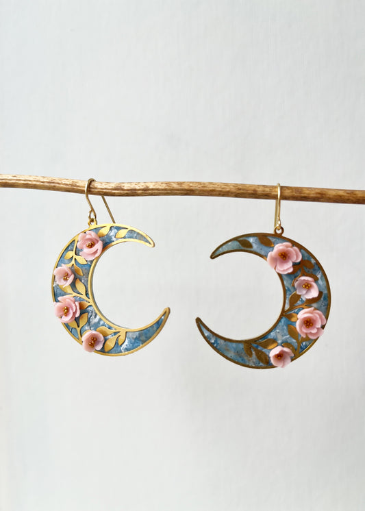 Gold floral moon earrings