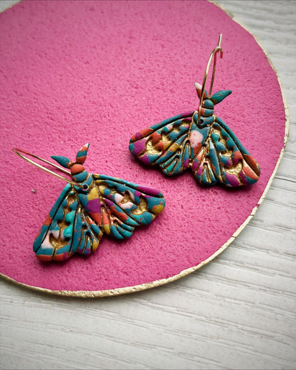 Teal, pink and orange moth earrings