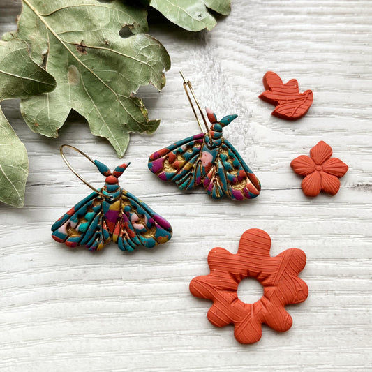 Teal, pink and orange moth earrings